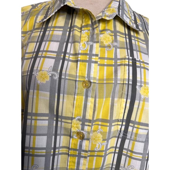 Adrian Delafield blouse L/XL Yellow gray plaid flowers short sleeve pocket colla - Picture 12 of 15